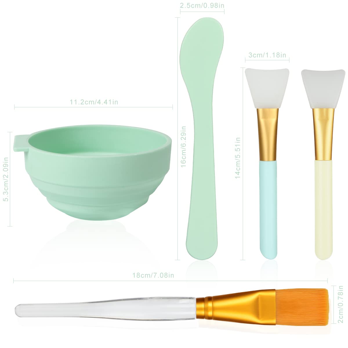 Plazuria 5 in 1 DIY facemask tool kit elements displayed flat showing the flexible spatula and soft bristle applicators