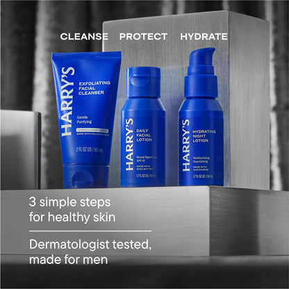 Harry's Holiday Gift Set unboxed displaying the complete three-step imported skincare routine for men.