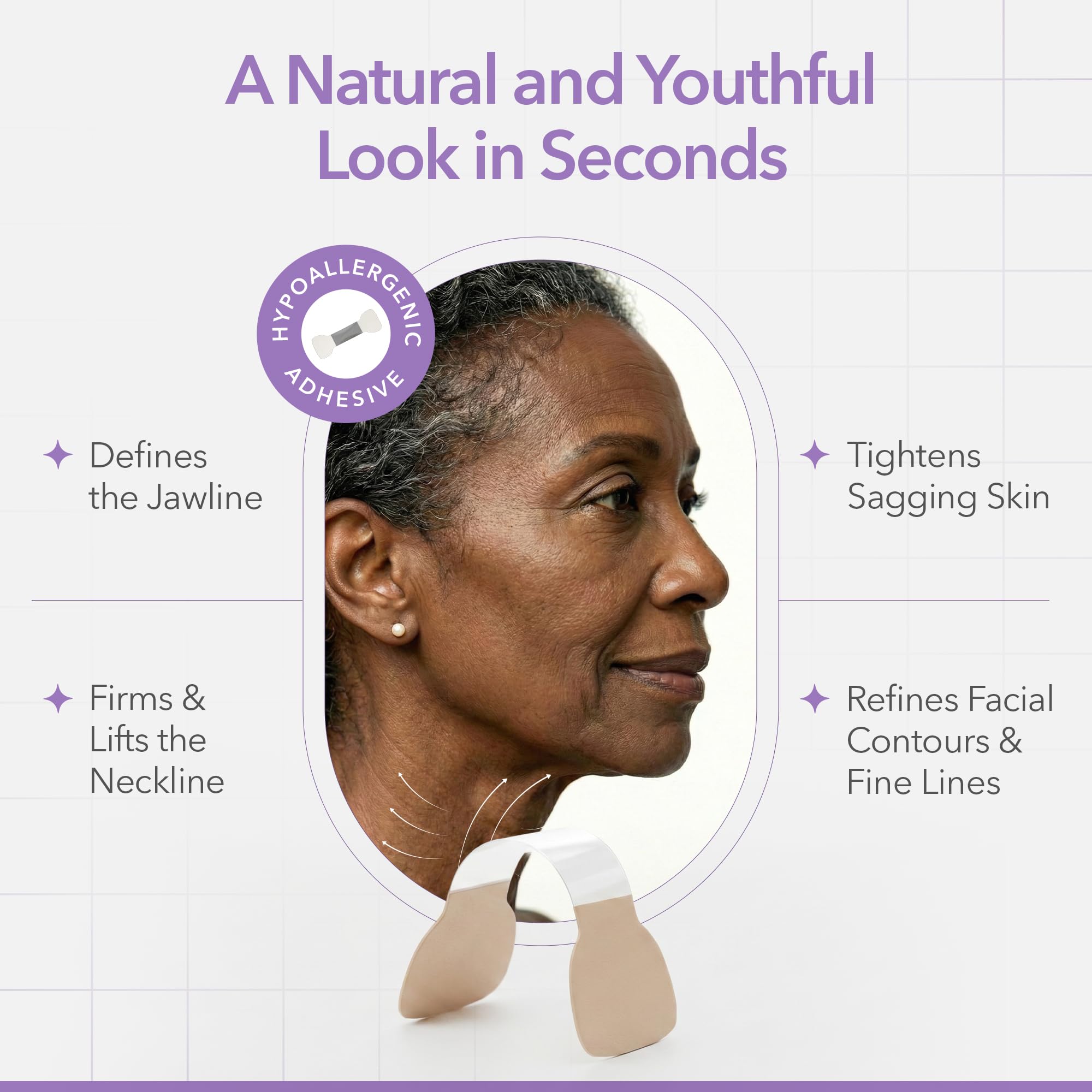 Invisible and transparent medical grade skin tightening strips demonstrated on a woman profile