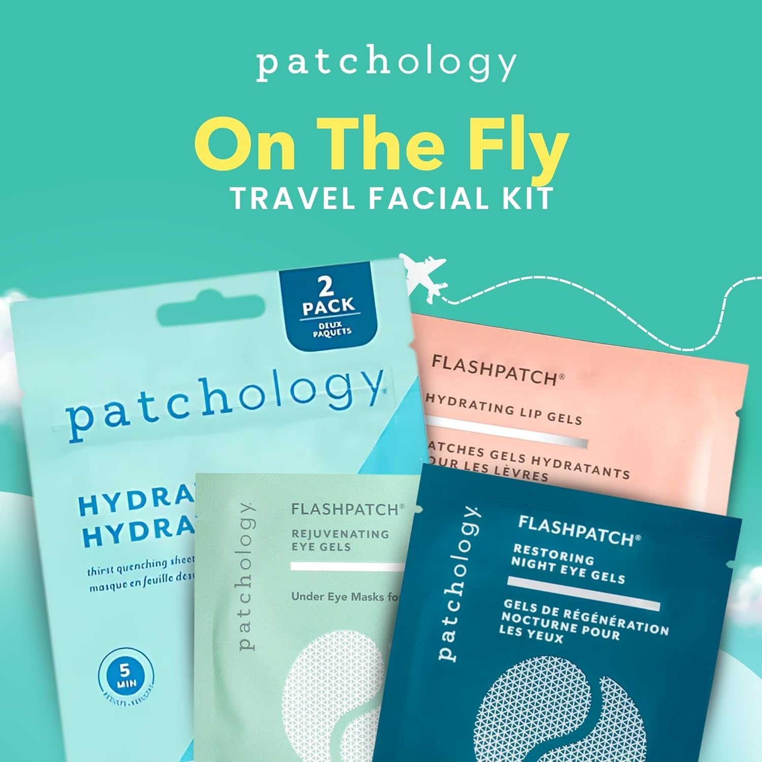 Patchology travel skincare set displaying two pairs of under eye patches and hydrating face masks