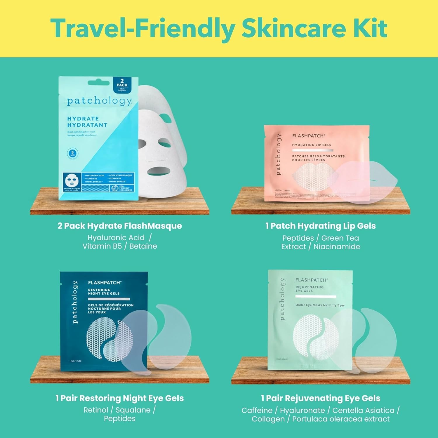 Close up of Patchology rejuvenating eye gels and night eye gels included in the portable beauty kit