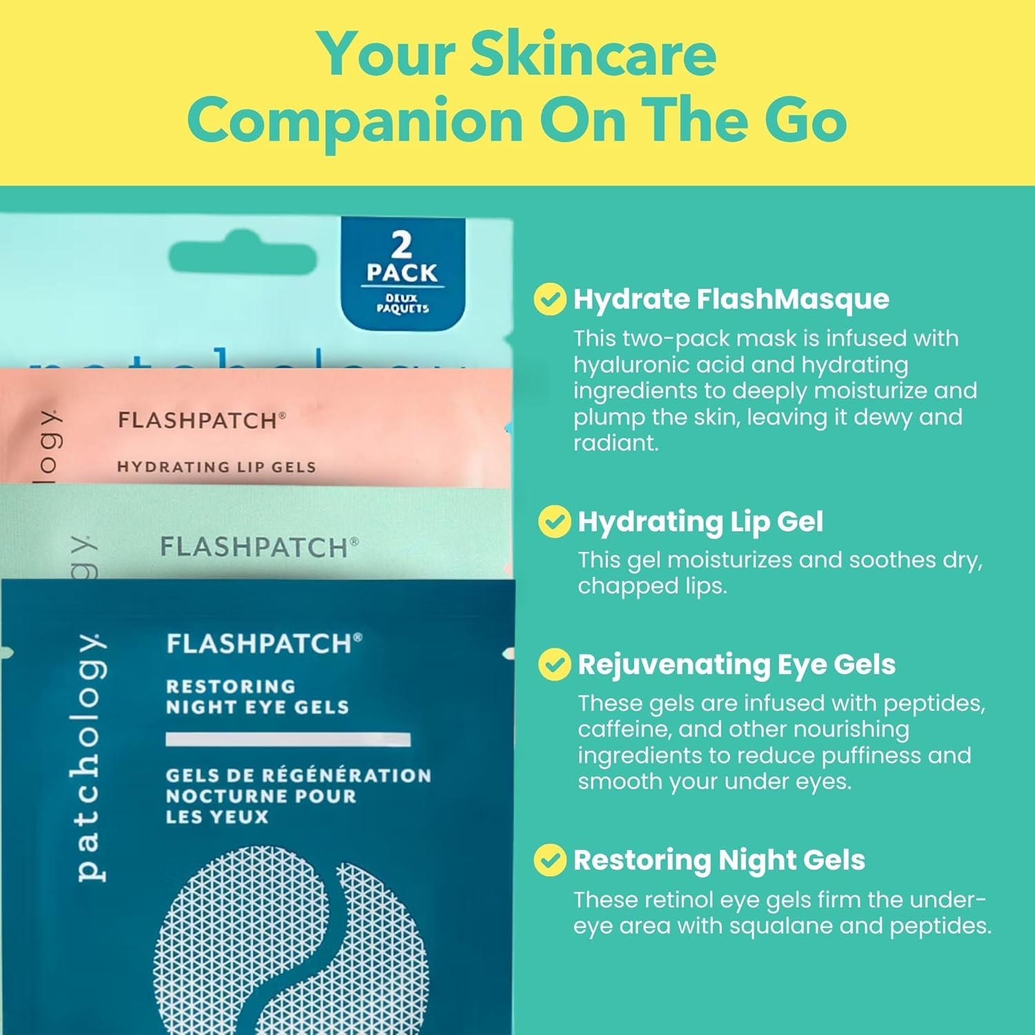Back packaging details of Patchology travel set showing ingredients and 5 minute flash patch instructions