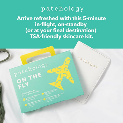 Patchology On The Fly kit contents laid out demonstrating compact TSA friendly beauty essentials