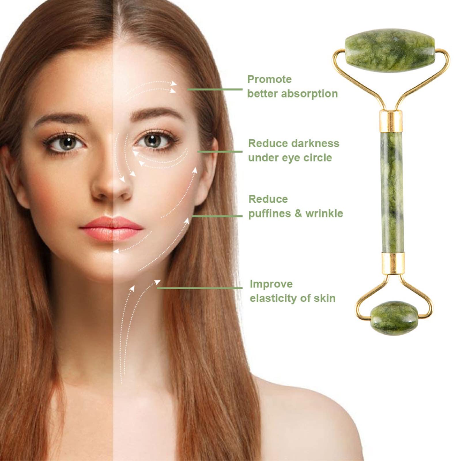 Handcrafted green jade Gua Sha sculpting blade placed flat on a clean surface demonstrating its contoured edges.