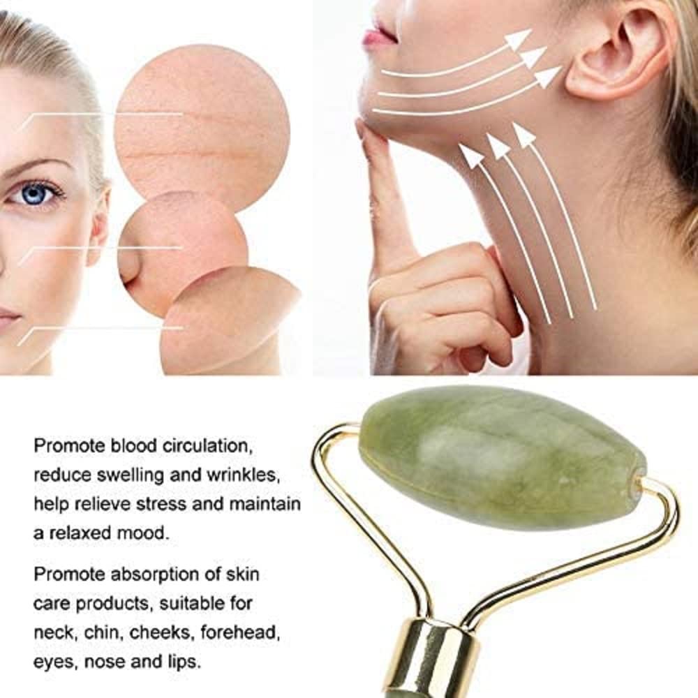 Demonstration of the medium sized jade roller being used for facial contouring and serum application.