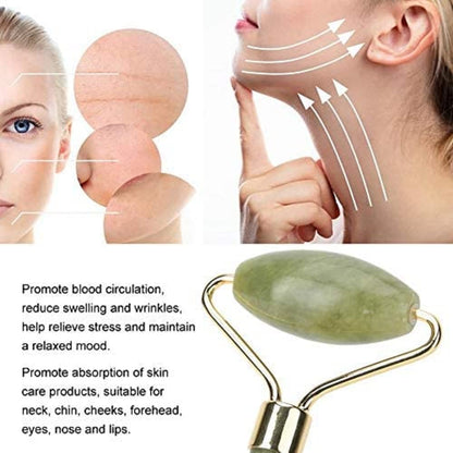 Demonstration of the medium sized jade roller being used for facial contouring and serum application.