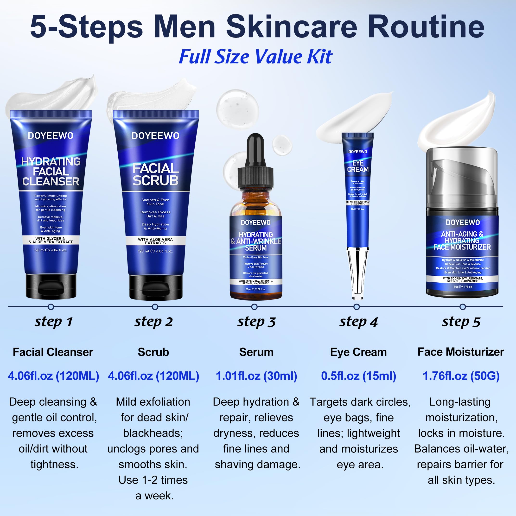 DOYEEWO anti-aging facial cleanser and exfoliating scrub bottles for men's grooming