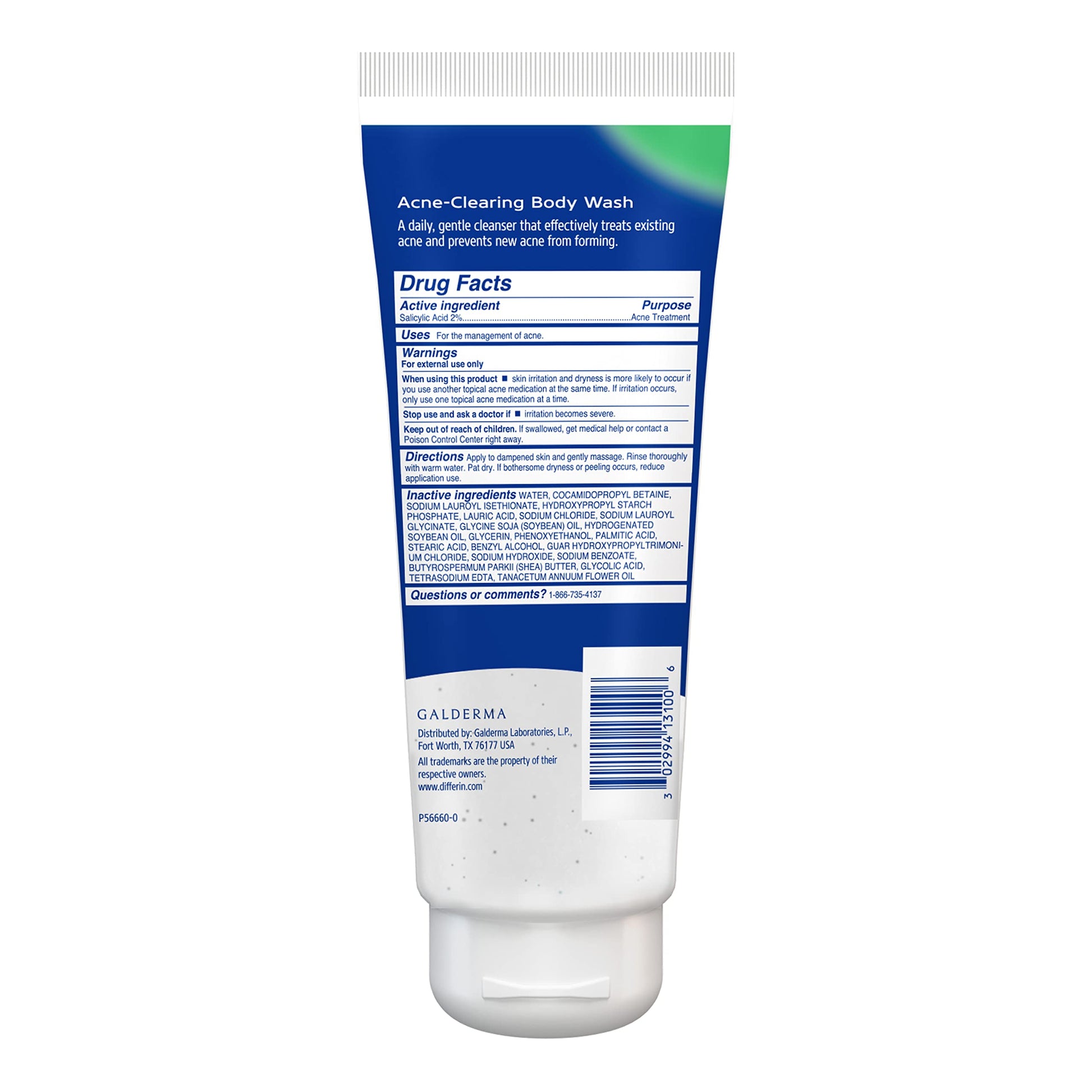 Differin body wash showing the official brand logo and clear skin benefits text.