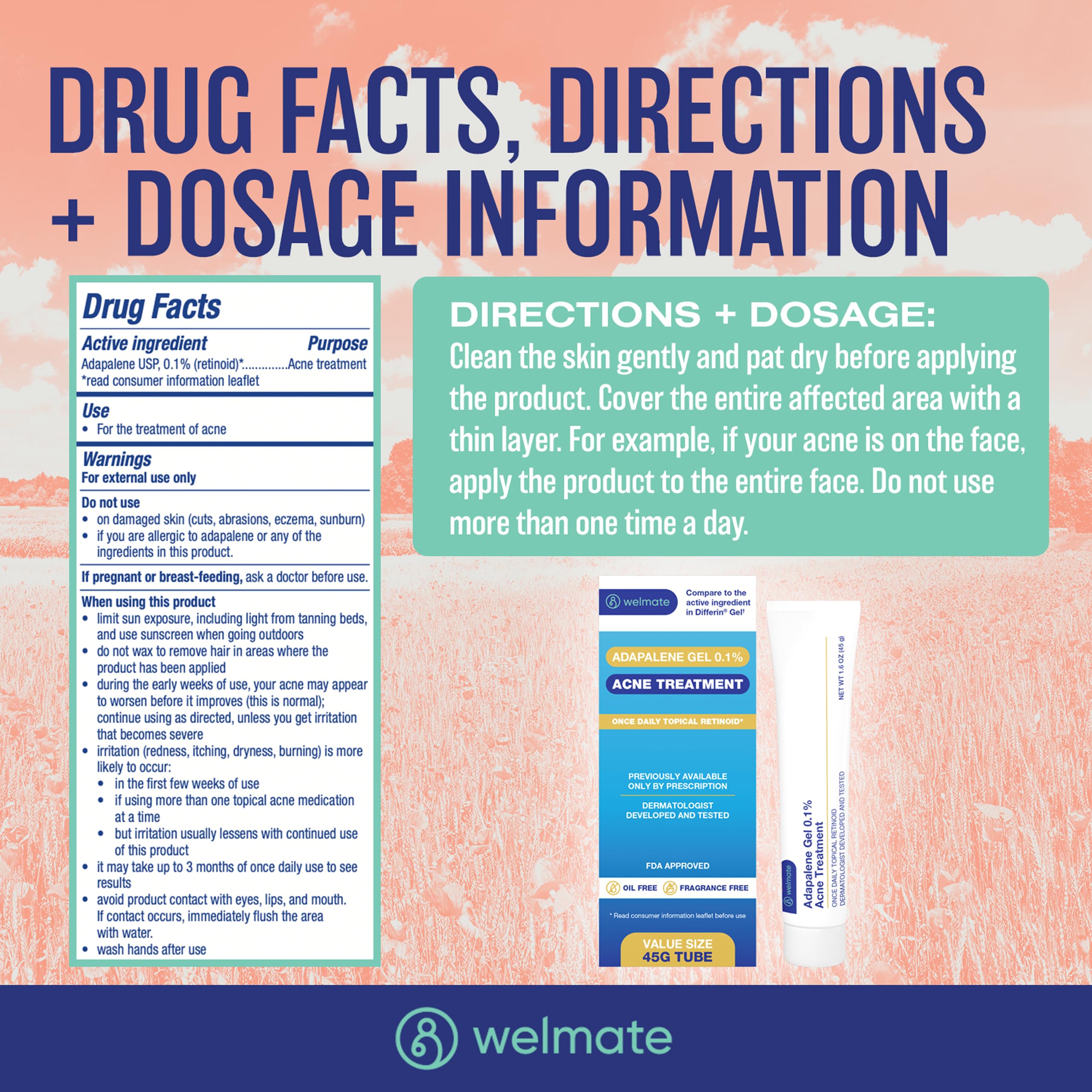 WELMATE daily topical retinoid pimple cream packaging highlighting the oil-free and fragrance-free formulation.