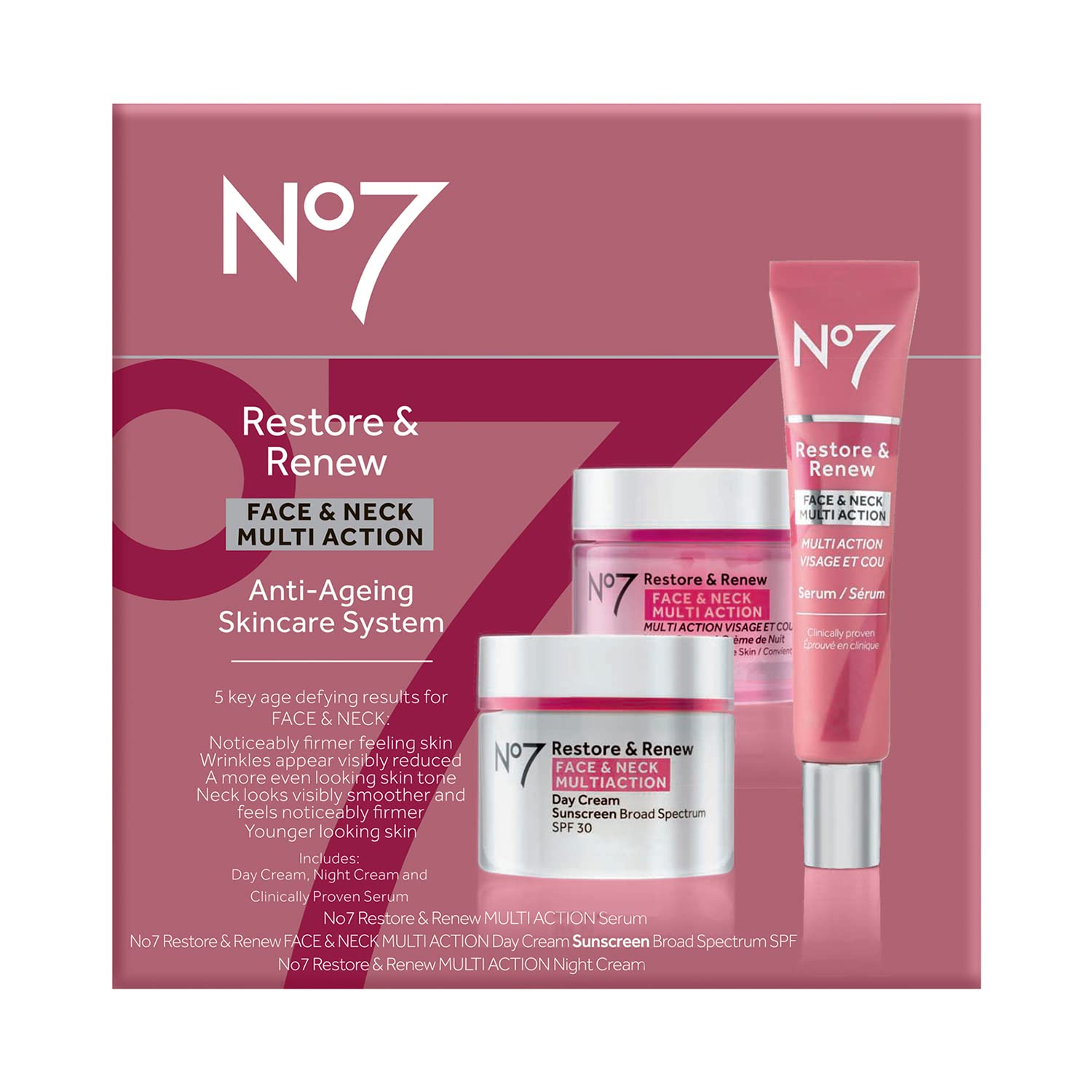 No7 anti aging face and neck serum bottle for wrinkle reduction
