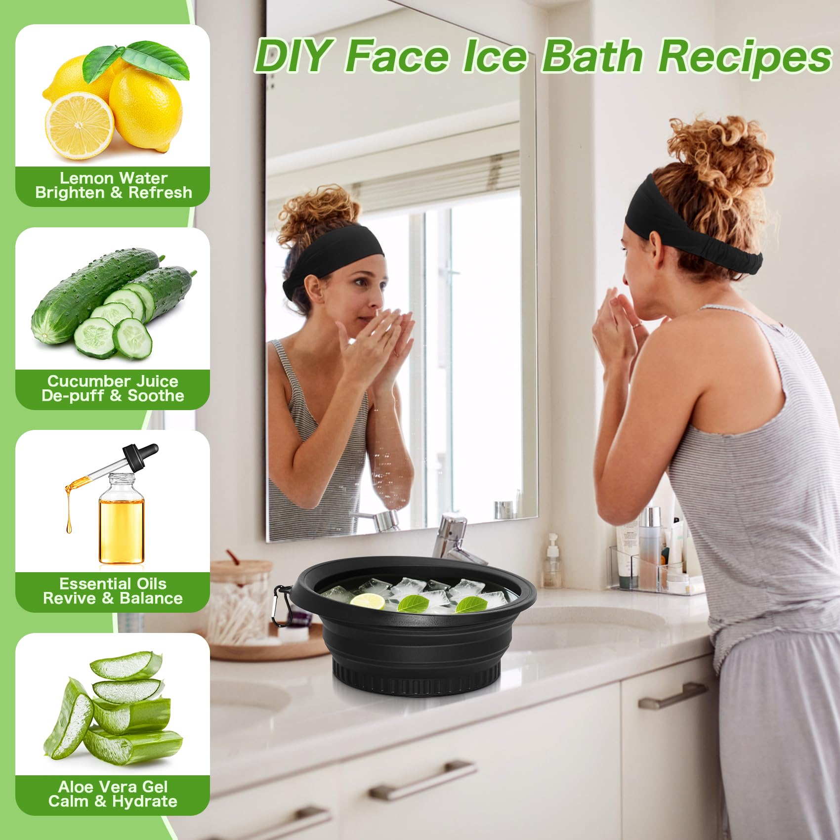 Black facial ice bath bowl showing close-up view of the integrated ice tray compartments for easy freezing.