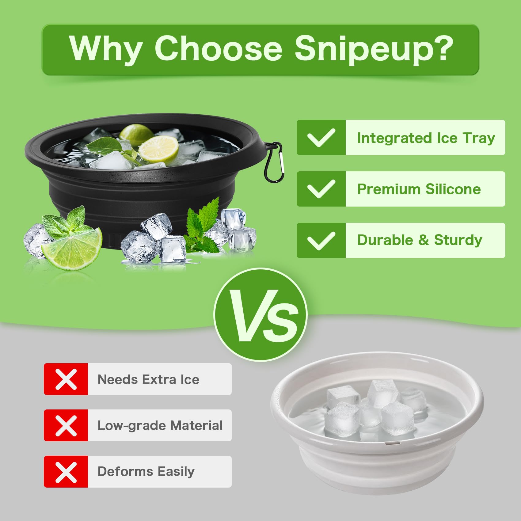 Snipeup facial ice bowl expanded to full capacity holding cold water and ice for morning skincare routines.