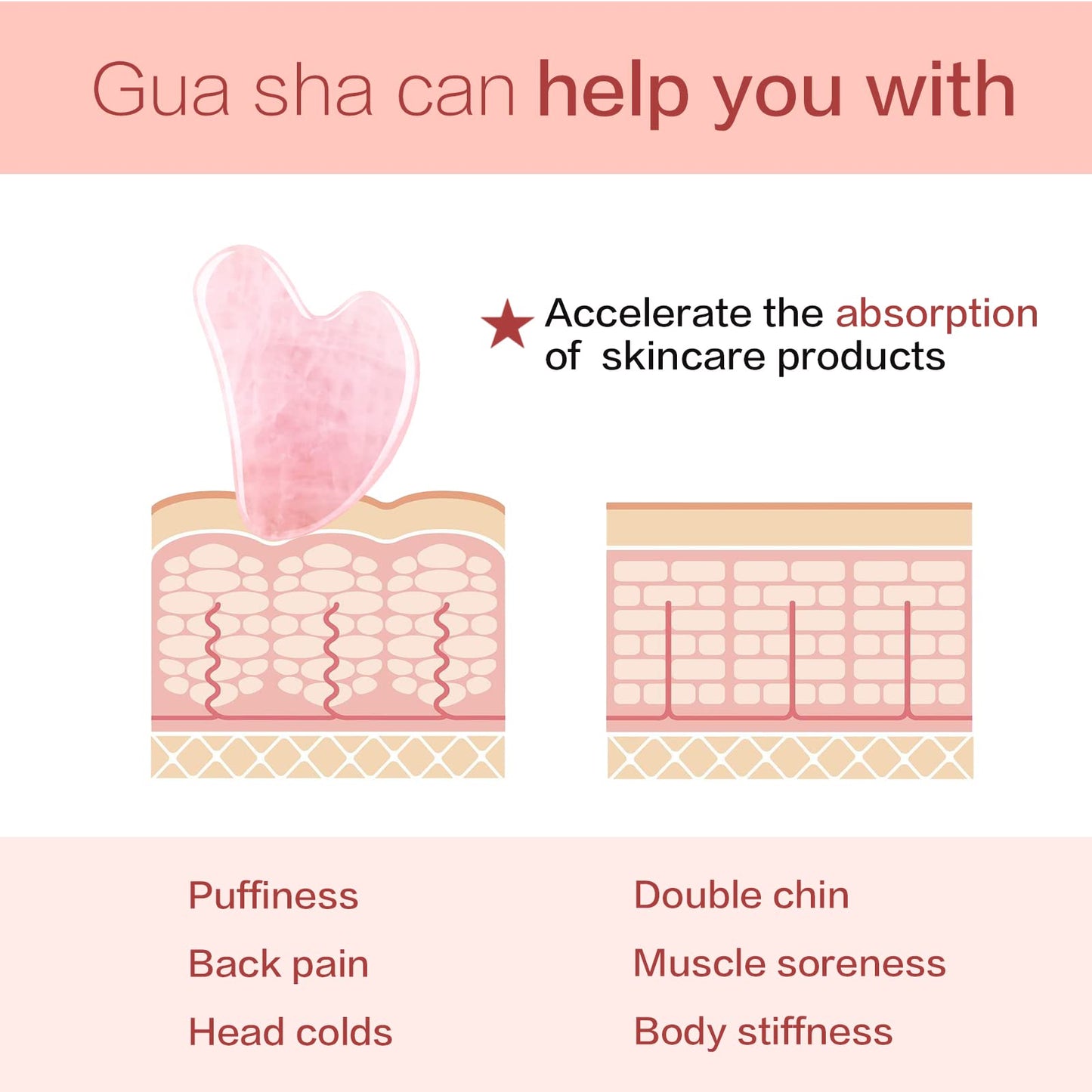 Pink crystal gua sha tool being used on the neck and jawline