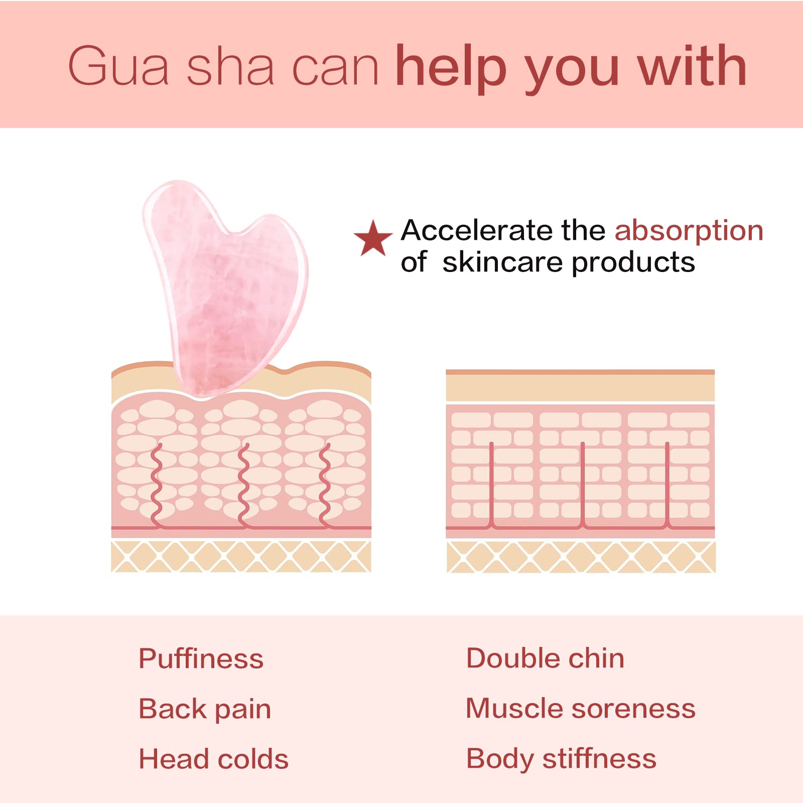 Pink crystal gua sha tool being used on the neck and jawline
