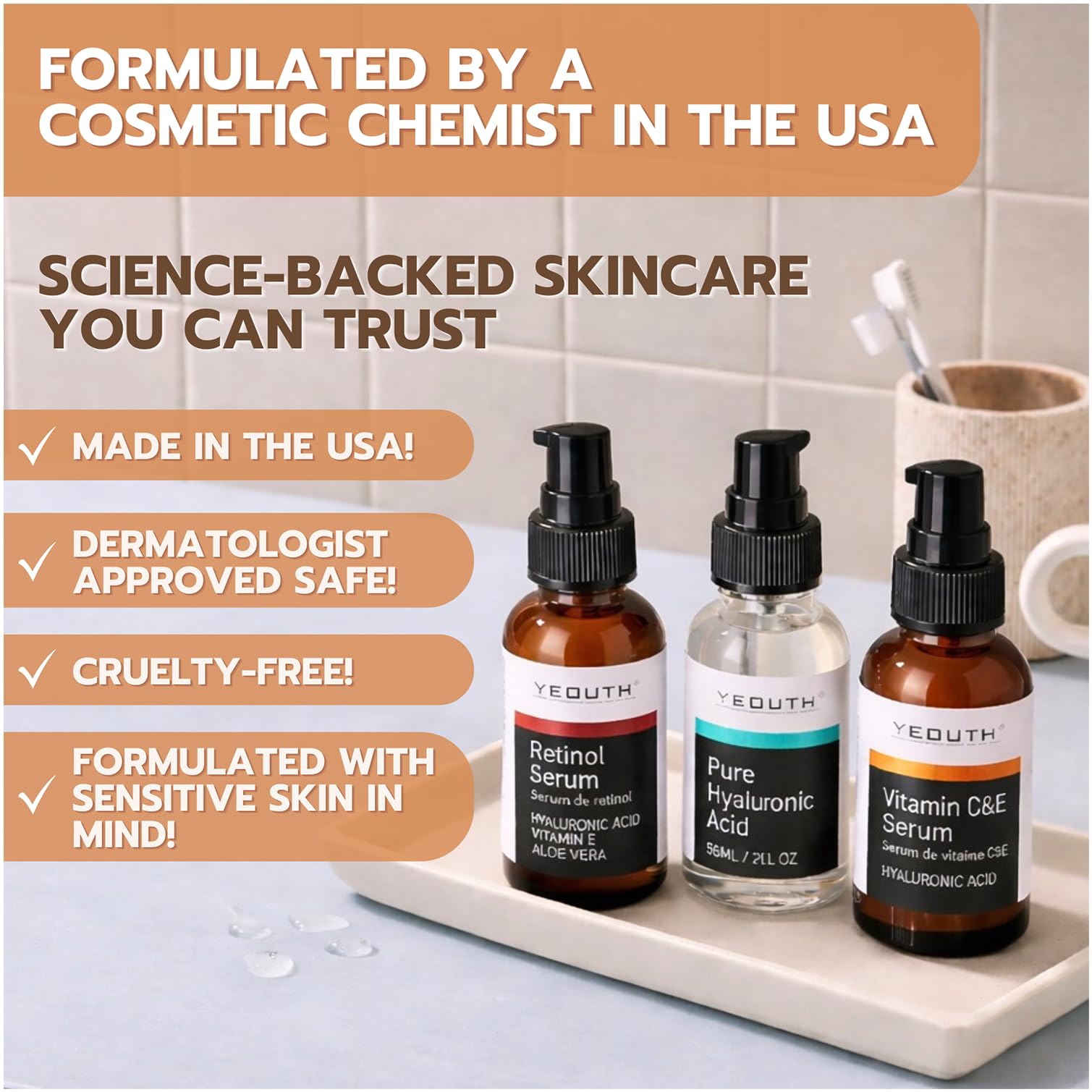 YEOUTH Retinol Serum bottle displaying the label details for nighttime skincare.