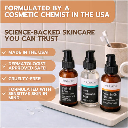 YEOUTH Retinol Serum bottle displaying the label details for nighttime skincare.