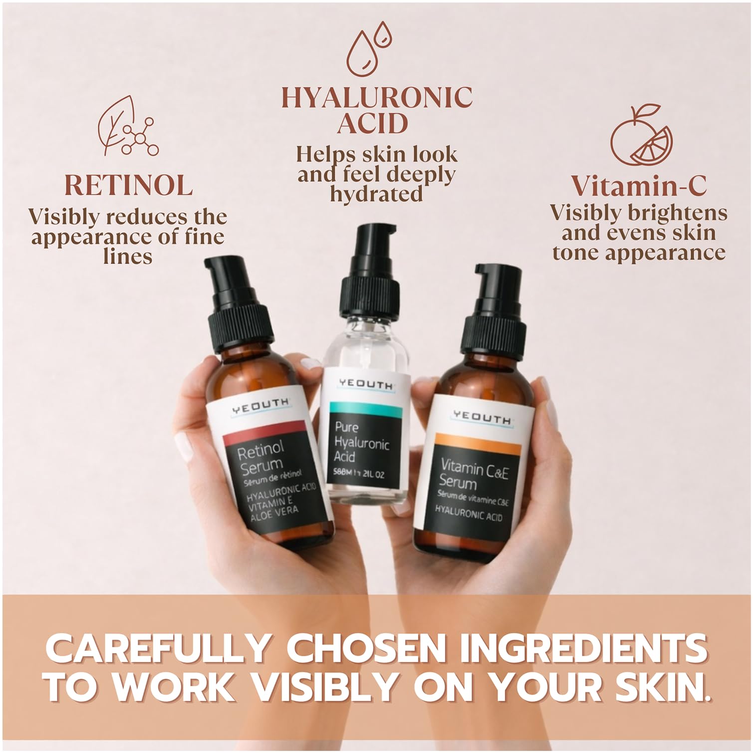 YEOUTH Vitamin C and E Serum bottle highlighting ingredients for daytime skin brightening.