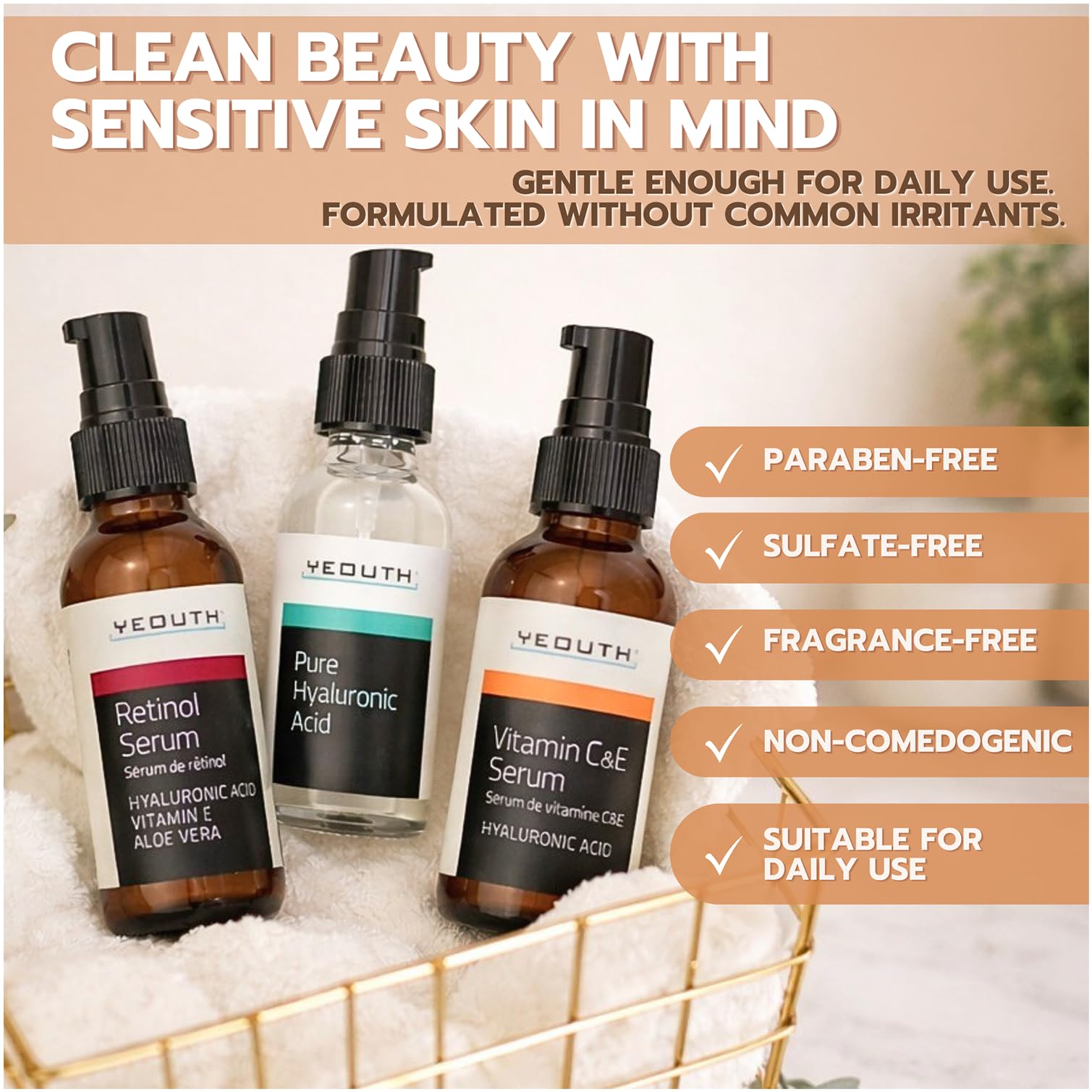 YEOUTH Pure Hyaluronic Acid bottle showing the hydrating serum texture.