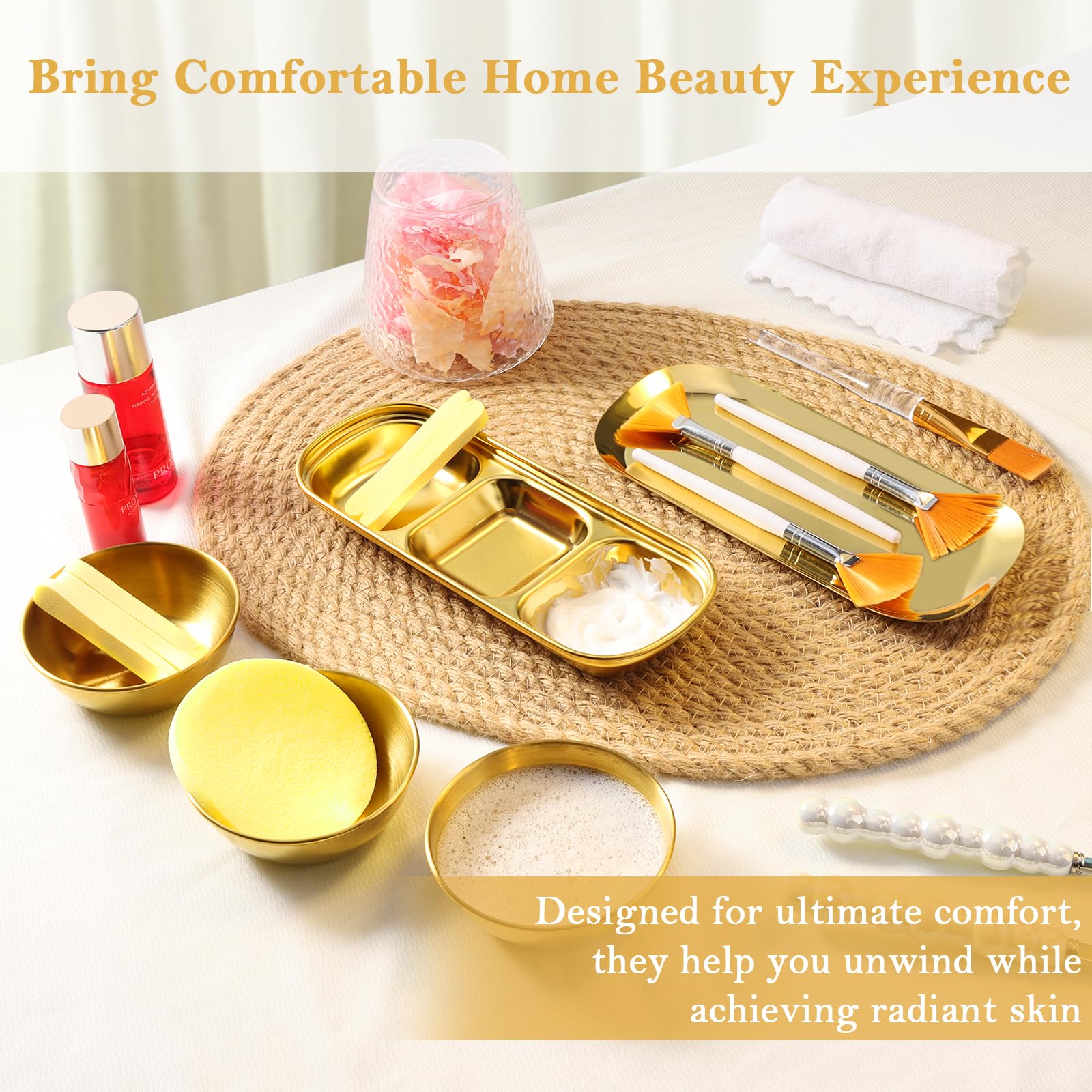Uxcell gold small single compartment stainless steel serving tray holding skincare products in a professional salon environment