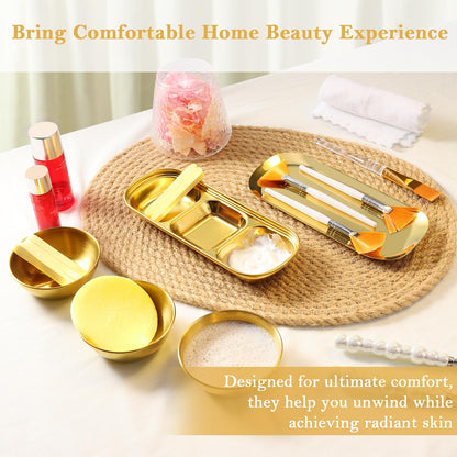 Uxcell gold small single compartment stainless steel serving tray holding skincare products in a professional salon environment