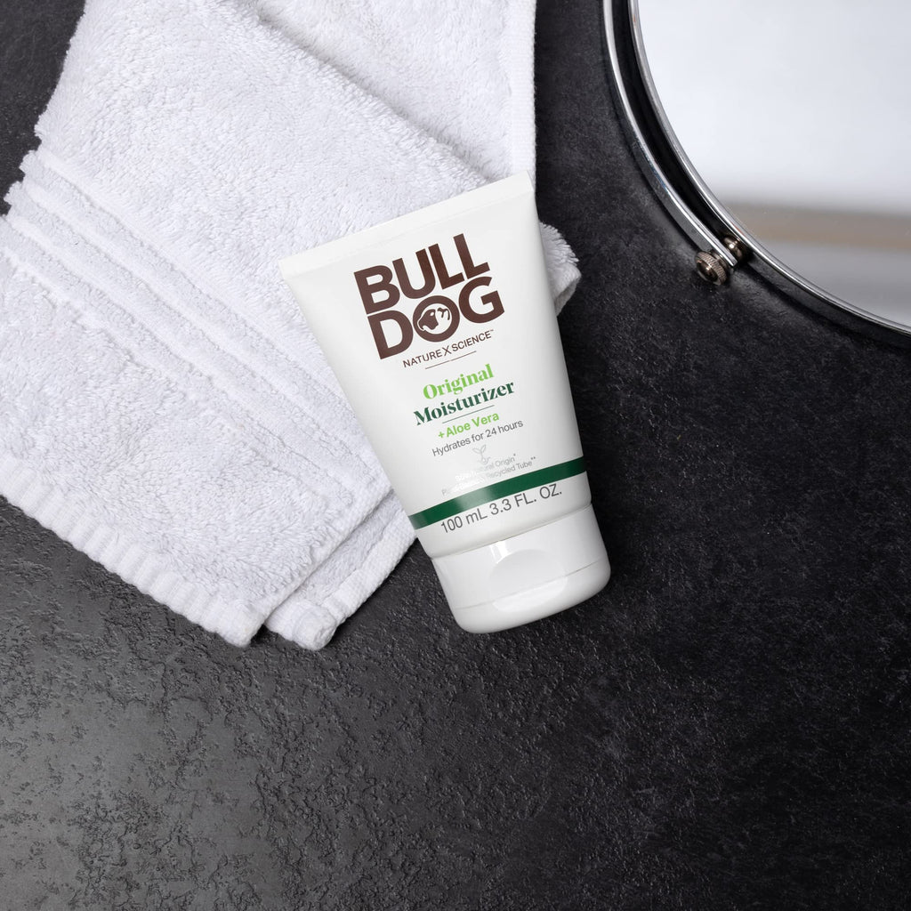 Side angle view of Bulldog men grooming kit bottles and tubes