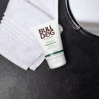 Side angle view of Bulldog men grooming kit bottles and tubes