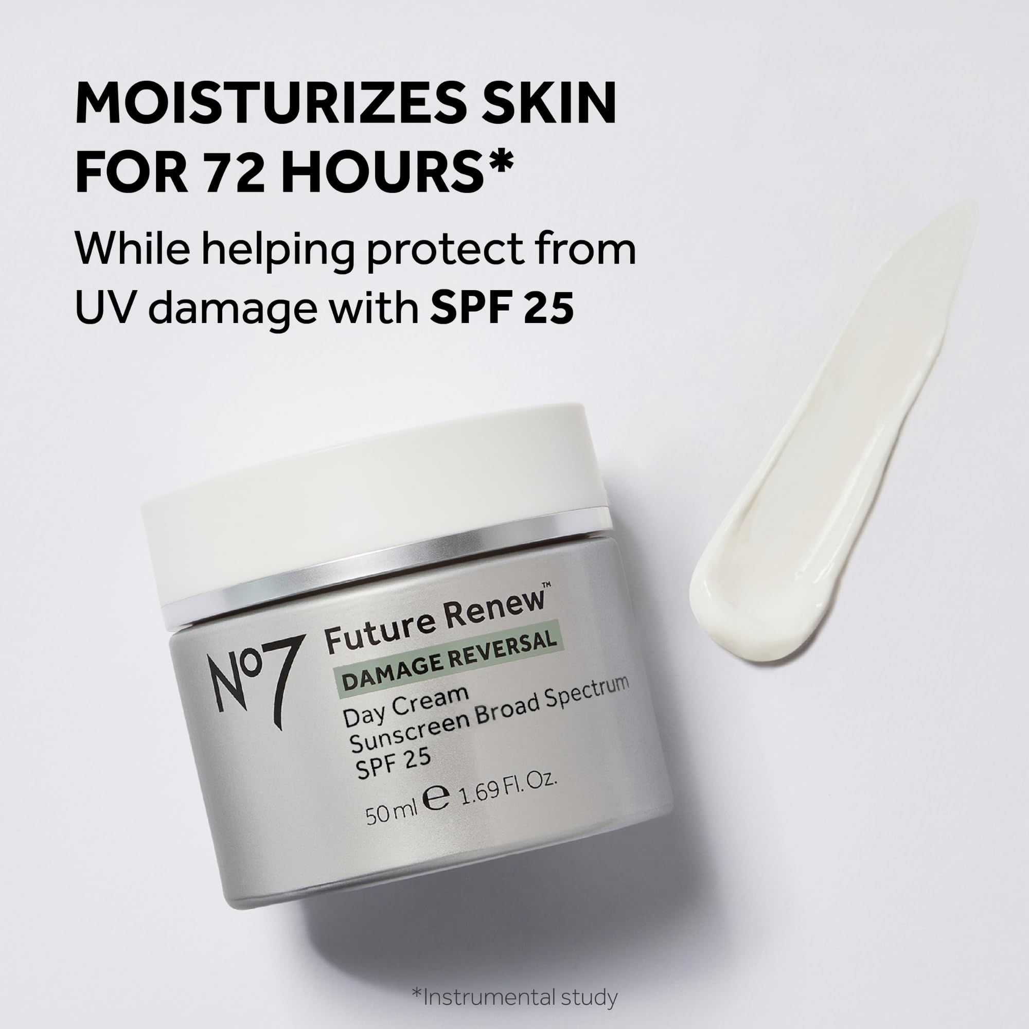 No7 Future Renew Day Cream SPF 25 jar displaying daytime moisturizing formula for UV protection