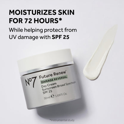 No7 Future Renew Day Cream SPF 25 jar displaying daytime moisturizing formula for UV protection
