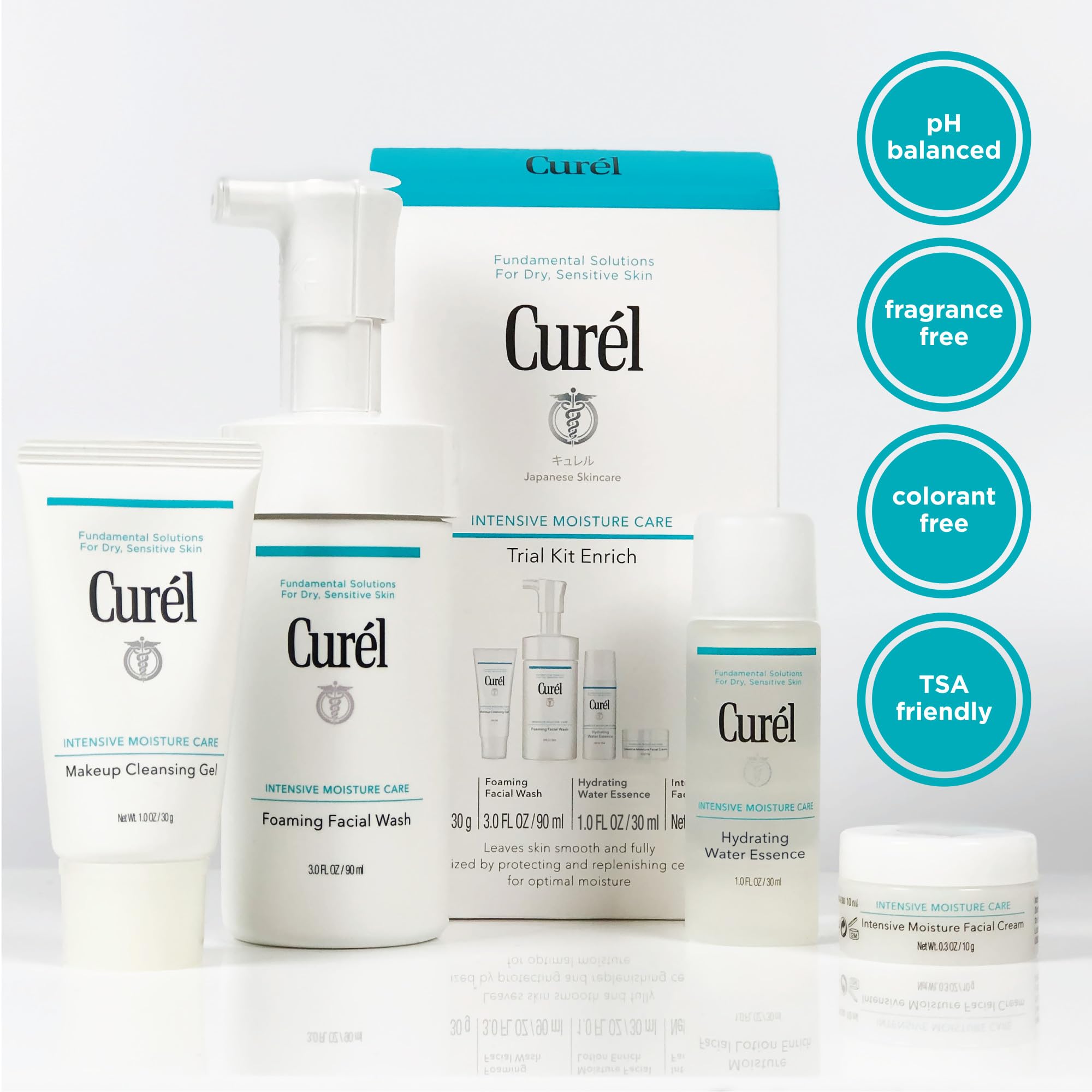 Curel four step travel size skincare routine items standing upright