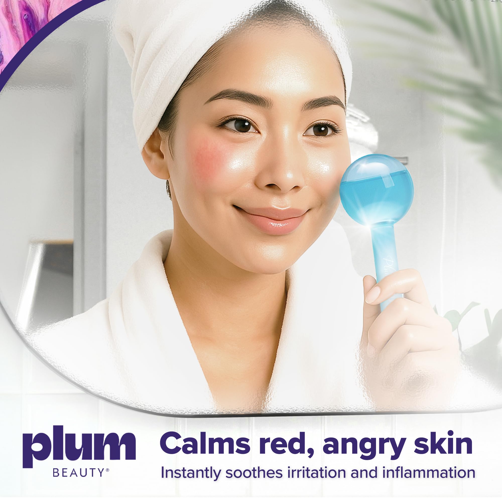 Close up view of the ergonomic handle and blue cooling liquid inside the Plum Beauty globes