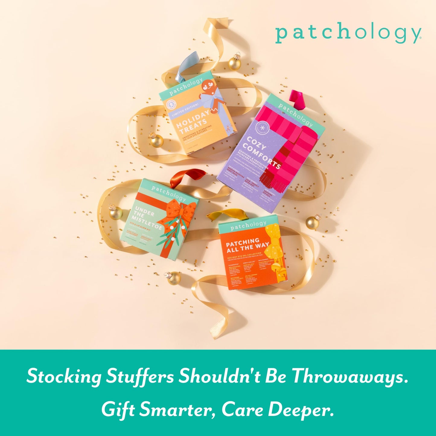 Lifestyle shot of the complete Patchology Patching All The Way collection on a vanity desk