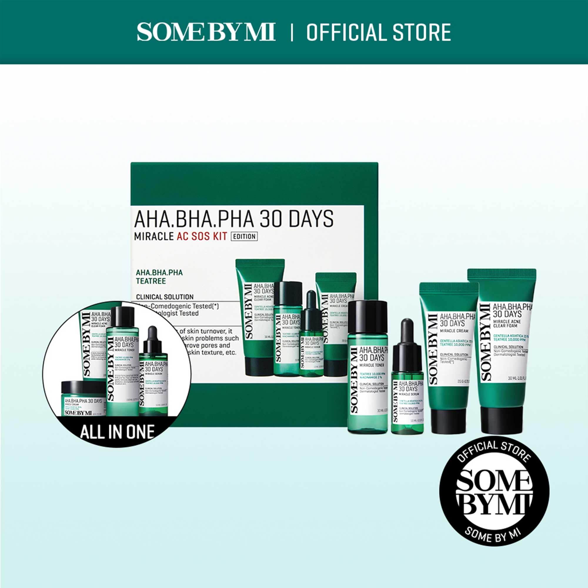 Close up of the four products in the Korean skincare starter set including foam cleanser toner serum and cream.