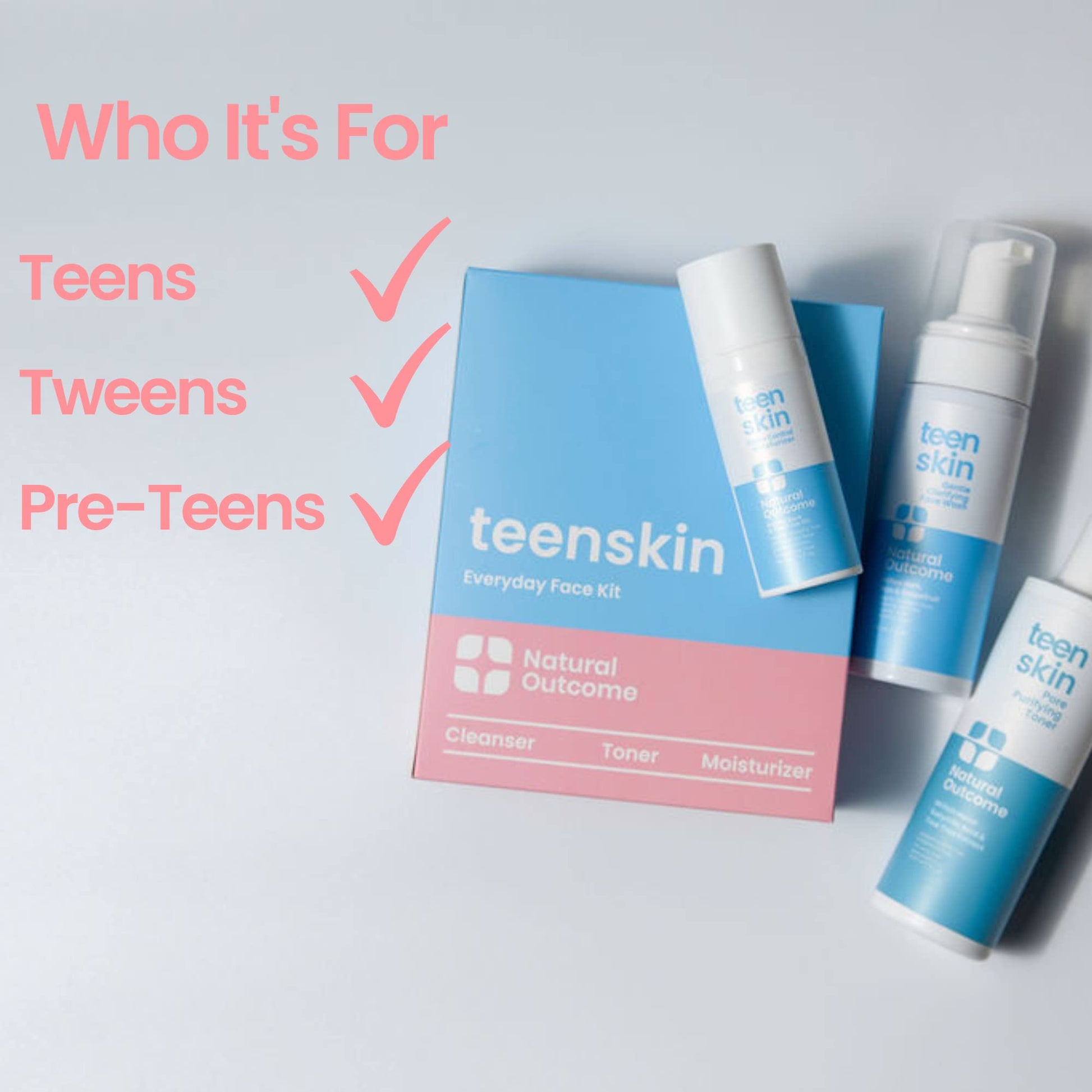 Natural Outcome Teen Skincare daily routine packaging for boys and girls acne prevention.