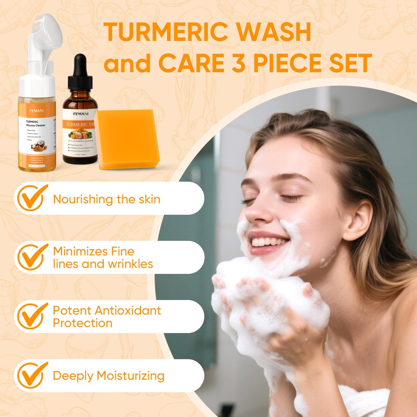 Femani Turmeric Facial Cleanser showing the built-in deep cleansing foaming brush applicator