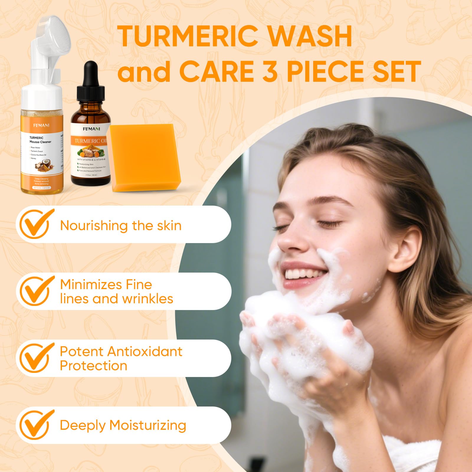 Femani Turmeric Facial Cleanser showing the built-in deep cleansing foaming brush applicator
