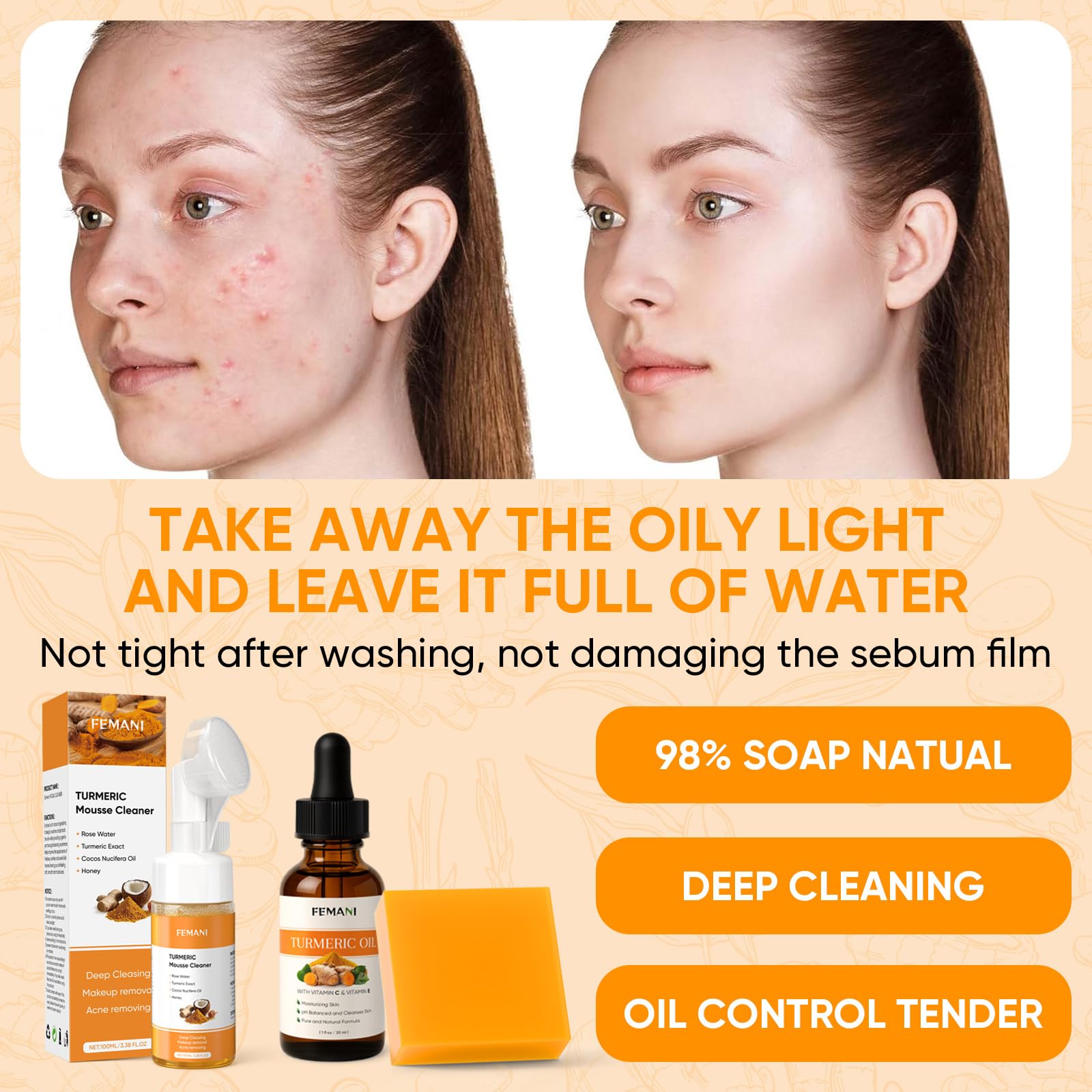 Complete three piece Femani Turmeric beauty system unboxed on a clean skincare vanity