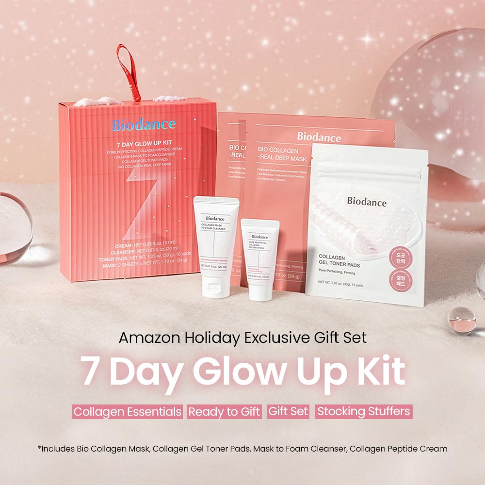 Biodance Korean skincare set containing cleanser, toner pads, moisture cream, and hydrogel masks.
