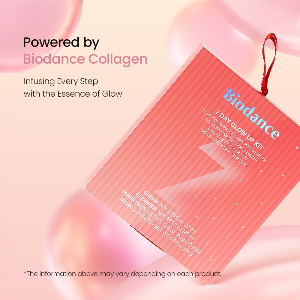 The travel-friendly components of the Biodance collagen gift set displayed on a flat surface.