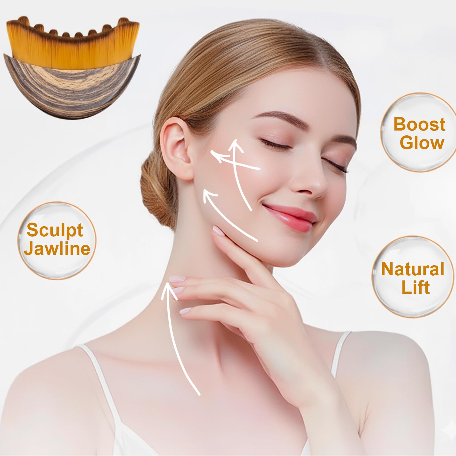 Lymphatic drainage face brush with soft golden bristles and an ergonomic wooden handle.