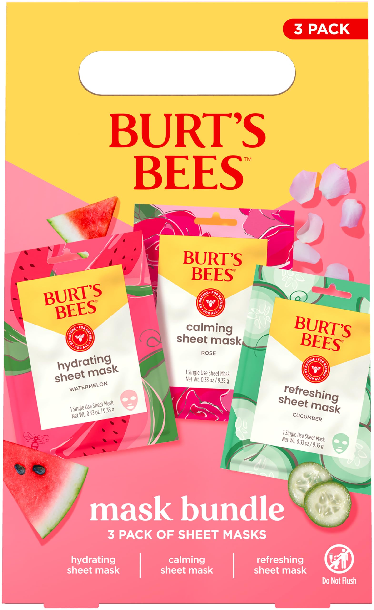 Back view of Burt's Bees face sheet mask bundle pack showing ingredients and instructions