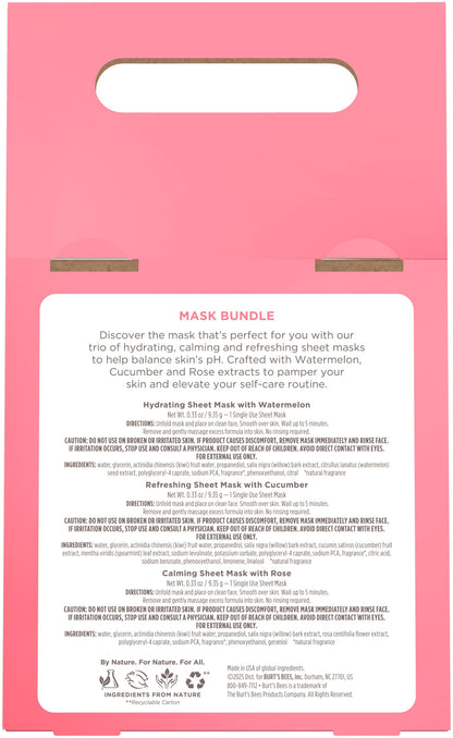 Three individual Burt's Bees facial sheet mask pouches displayed together out of the main box