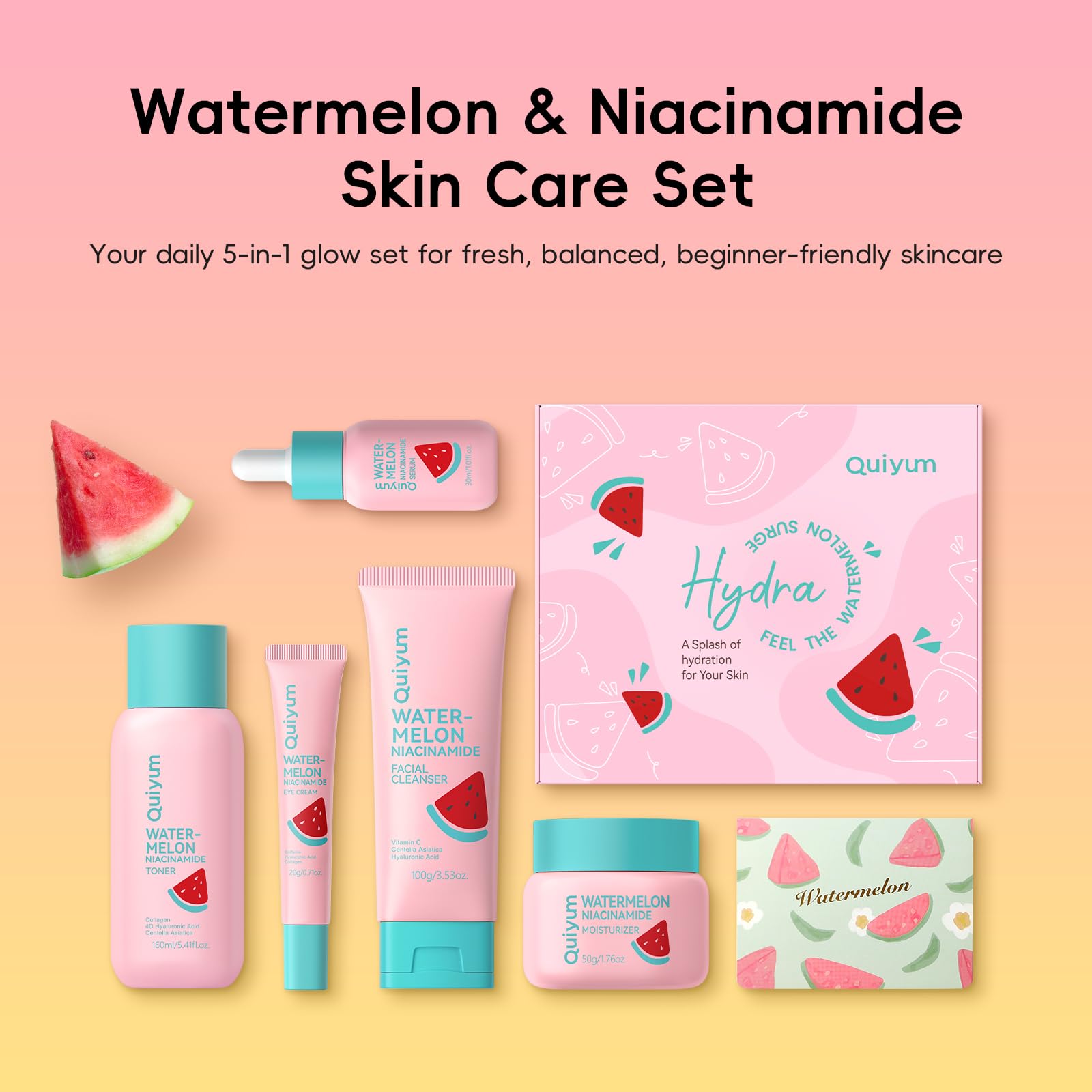 QUIYUM five piece daily face routine showing individual cleanser, toner, serum, eye cream, and moisturizer bottles