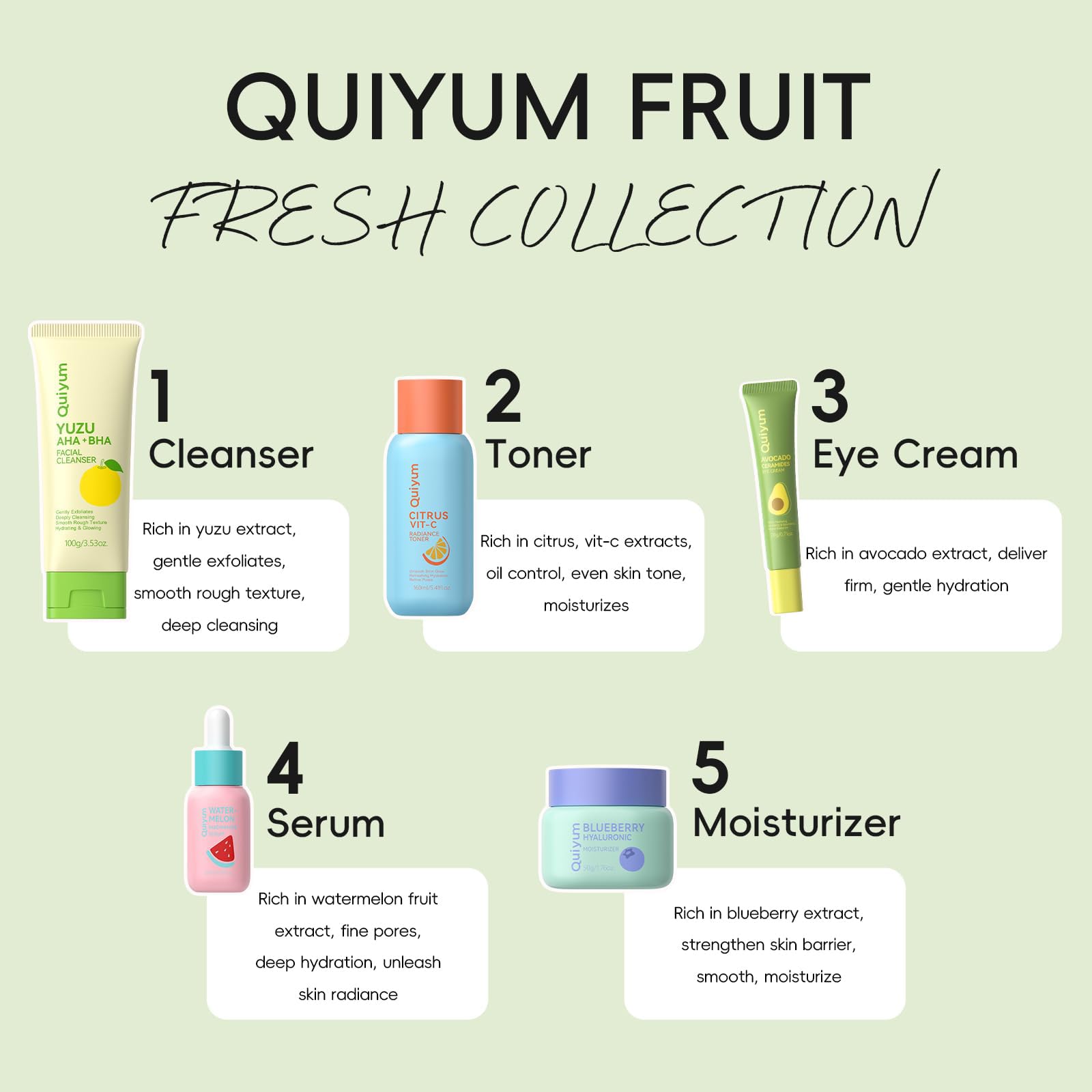 QUIYUM teenage fruit skincare routine showcasing five separate colorful bottles