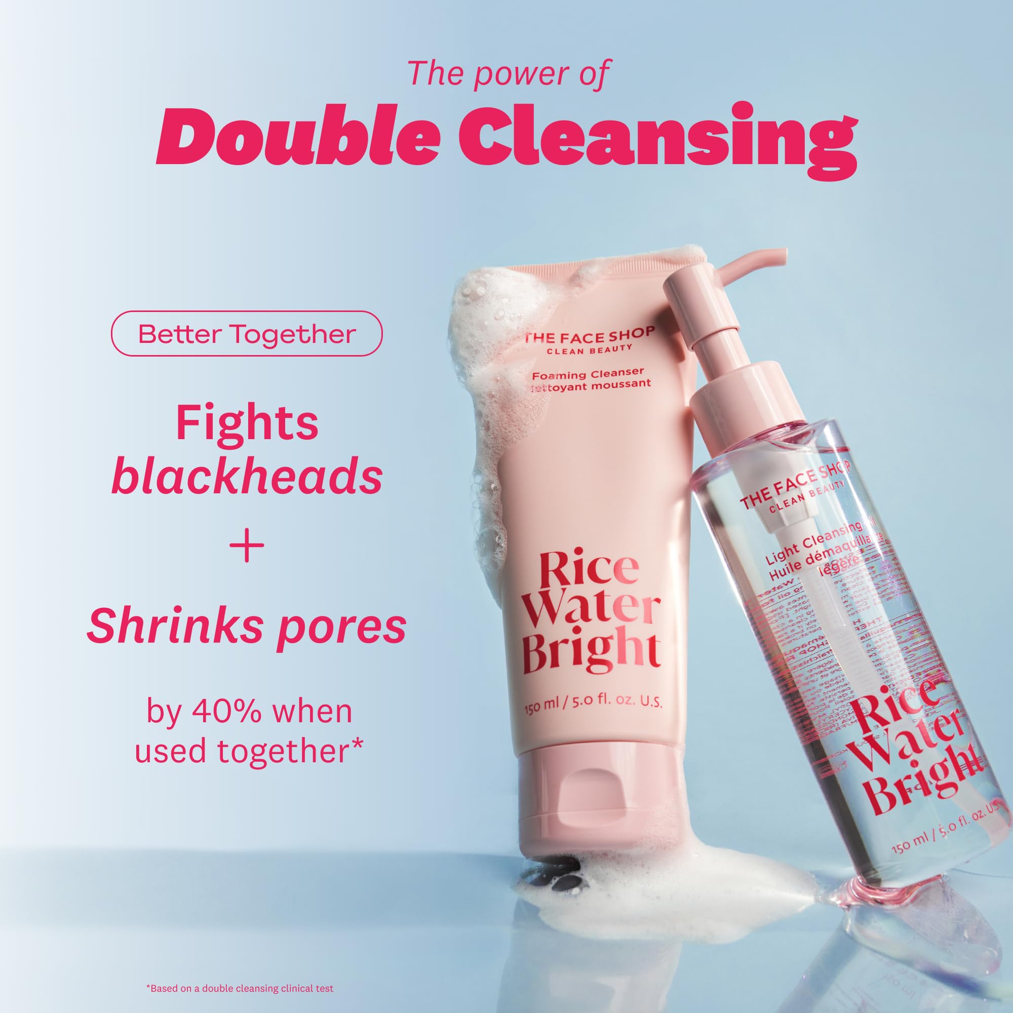 The Face Shop double cleanse kit showcasing both oil and foam cleansers for glowing skin.