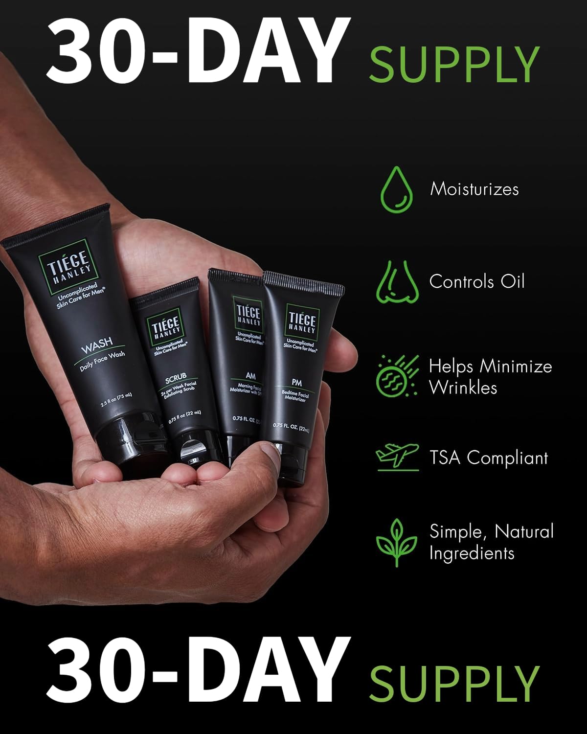 Tiege Hanley daily face wash and exfoliating facial scrub bottles for men