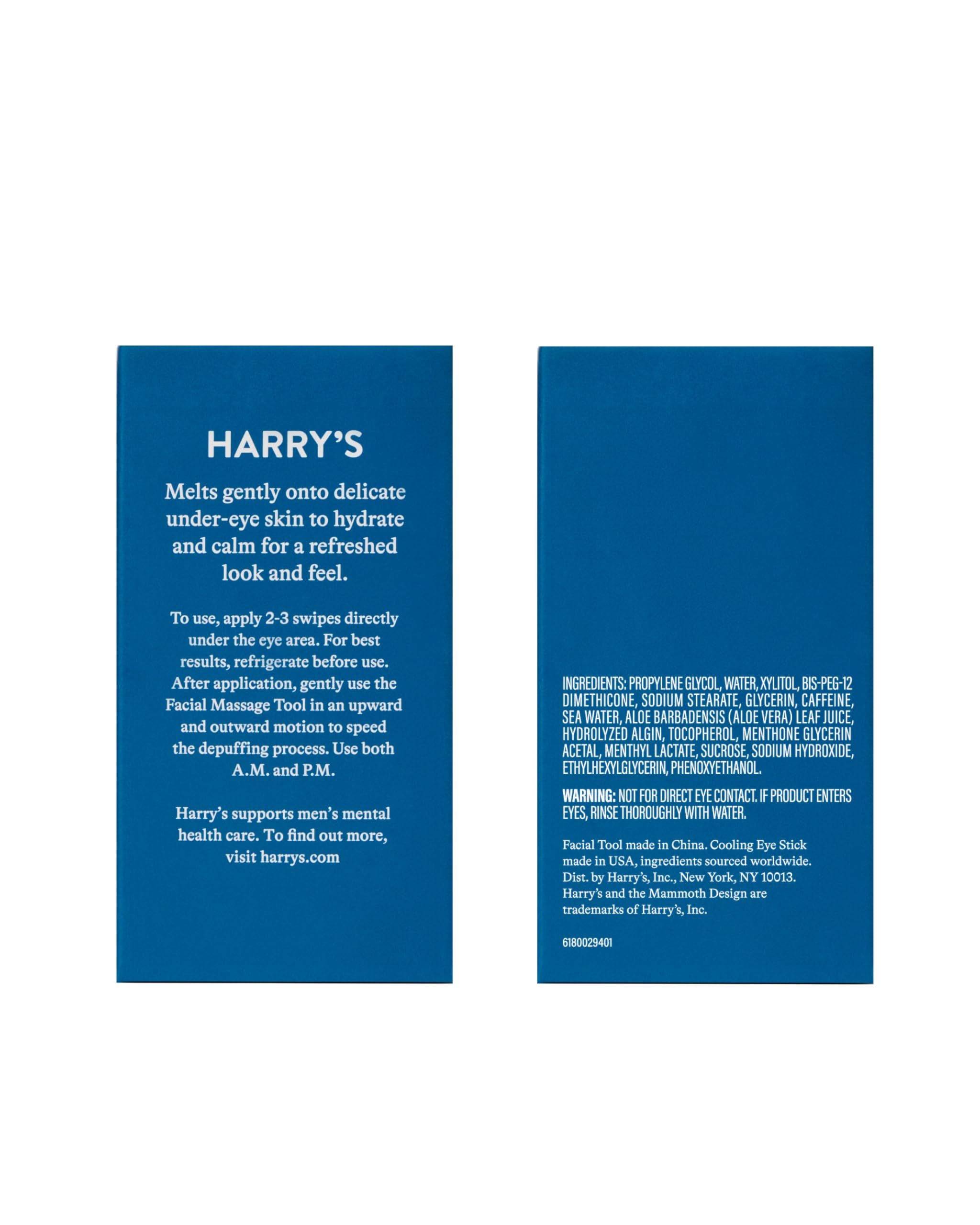 Harry's cooling eye stick with cap off revealing the hydrating under-eye balm gel formula.