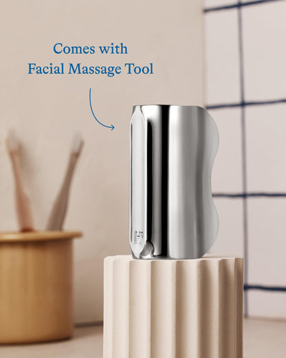 Demonstration of the cooling eye stick nesting inside the zinc facial massage tool for storage.