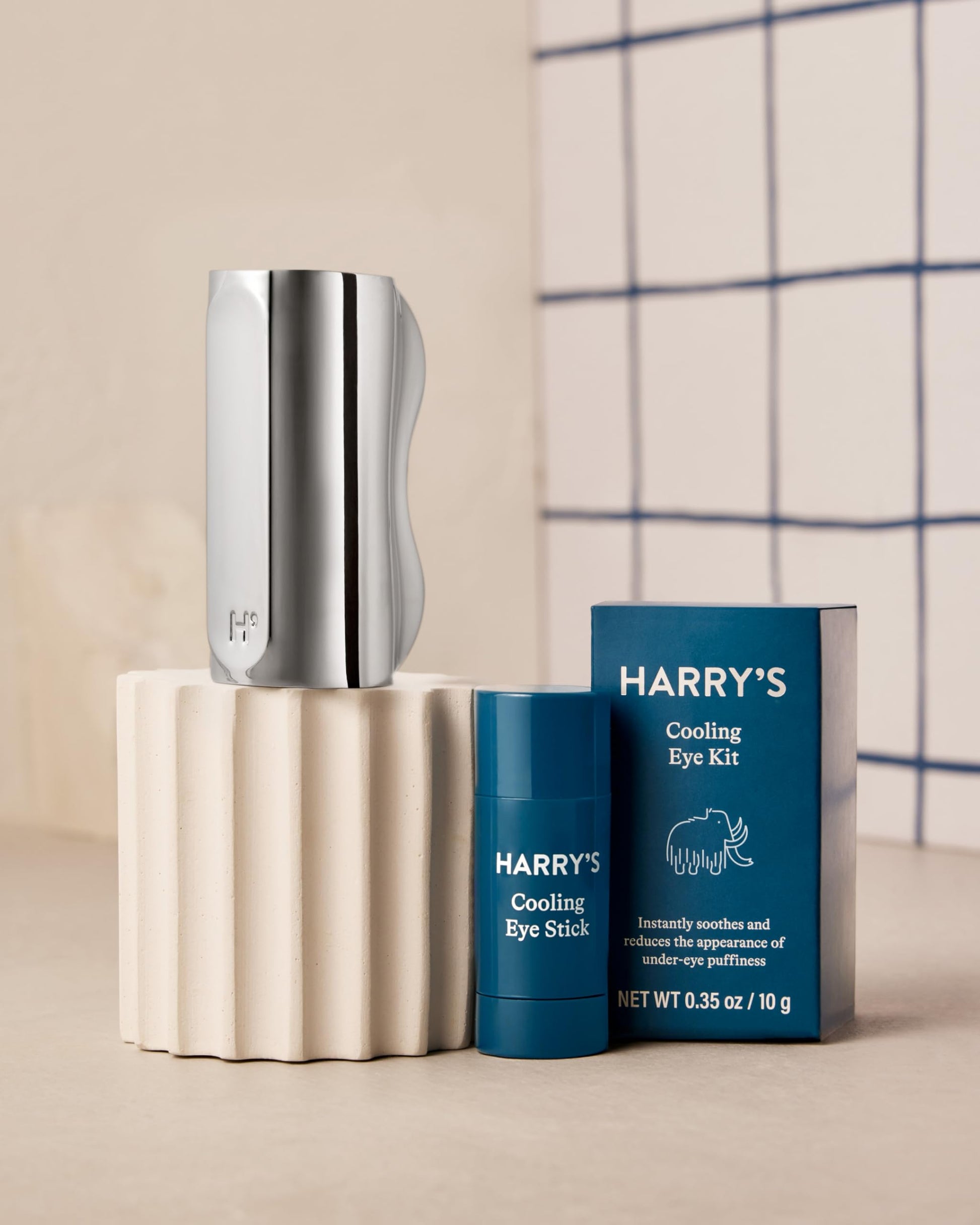 Harry's eye kit components being placed inside a refrigerator for an enhanced cooling effect.