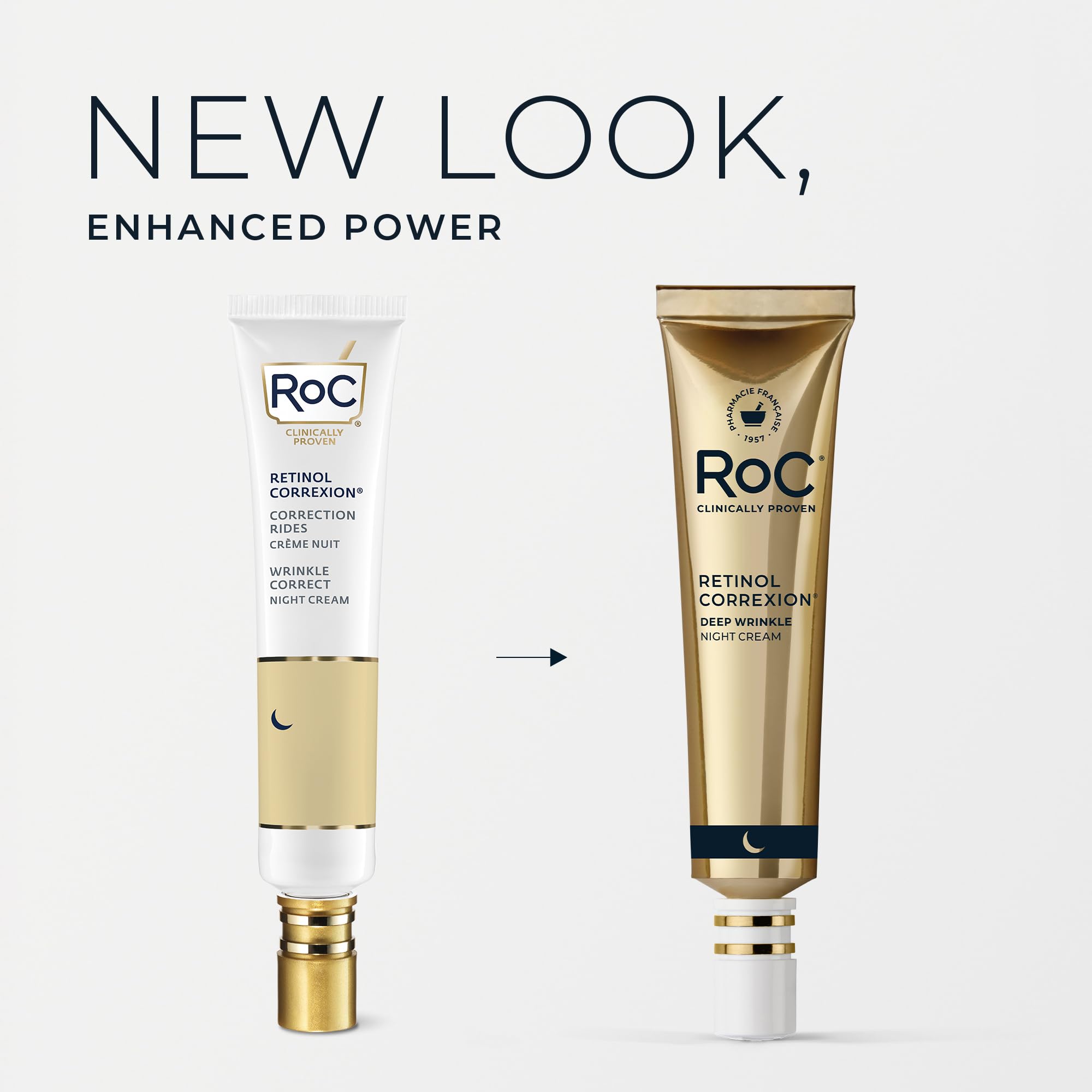 RoC pure retinol night cream 1 fluid ounce tube showcasing the dermatologist-tested oil-free formula