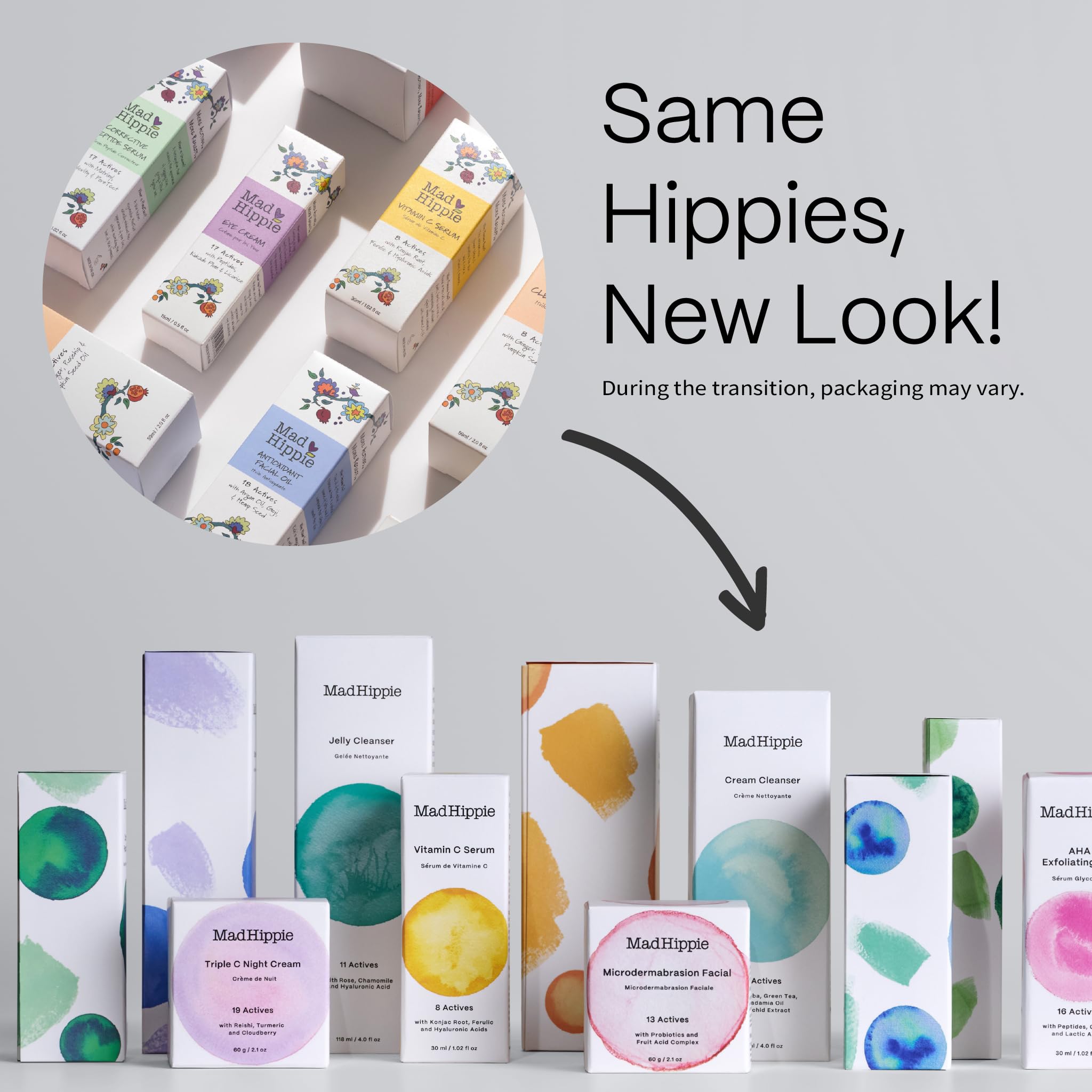 Mad Hippie glycolic and lactic acid corrective serum bottle displaying ingredient list